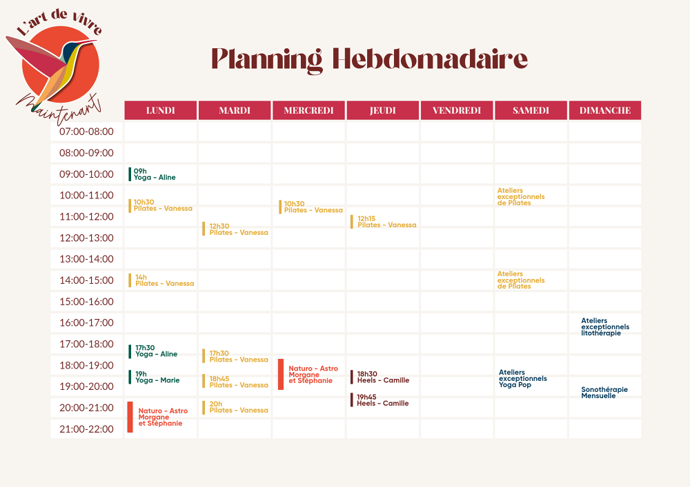 L'Art de Vivre Maintenant | Planning Hebdomadaire ateliers bien-être 